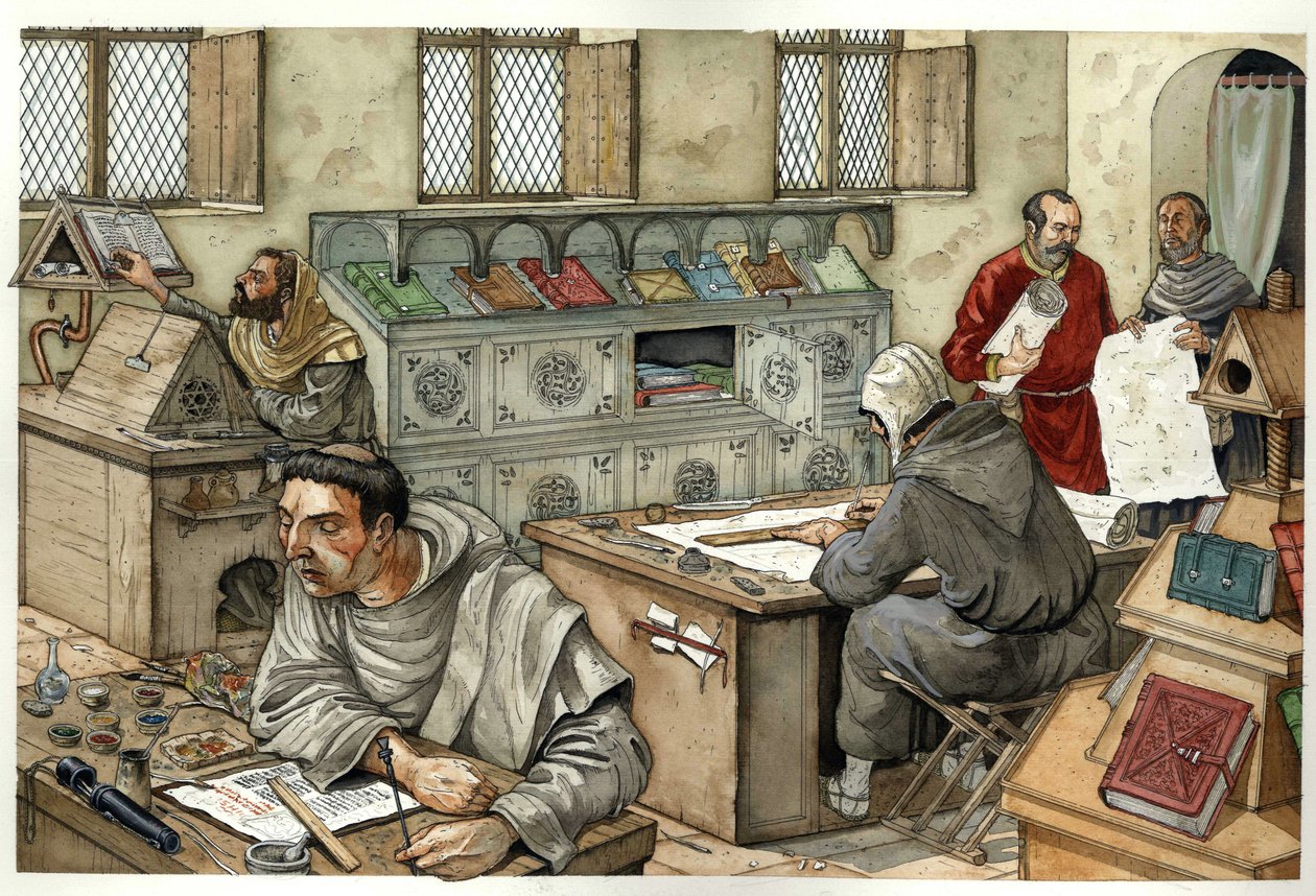 Middeleeuwen: monniken kopiëren manuscripten in een scriptorium in de 13e eeuw. illustratie door Giorgio Albertini. door Giorgio Albertini