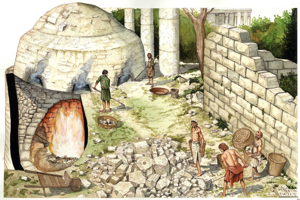 Middeleeuwen: reconstructie van een kalkoven (chaufour), arbeiders bewerken kalksteen. Illustratie door Giorgio Albertini. (Het gebruik van de werken van deze auteur is niet onderworpen aan een aanvraag voor toestemming van een derde partij of aan de betal door Giorgio Albertini