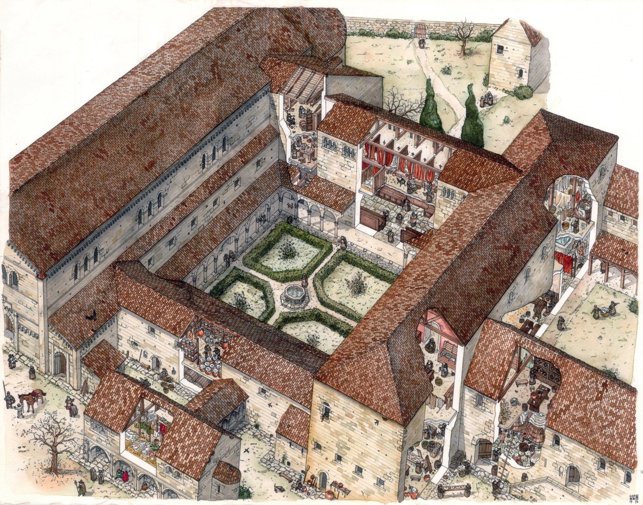 Middeleeuwen: reconstructie van een klooster en het leven van nonnen of monniken. Door de uitsnijdingen kun je de innerlijke scènes zien. Illustratie door Giorgio Albertini. (Voor het gebruik van de werken van deze auteur is geen toestemming van derden ver door Giorgio Albertini