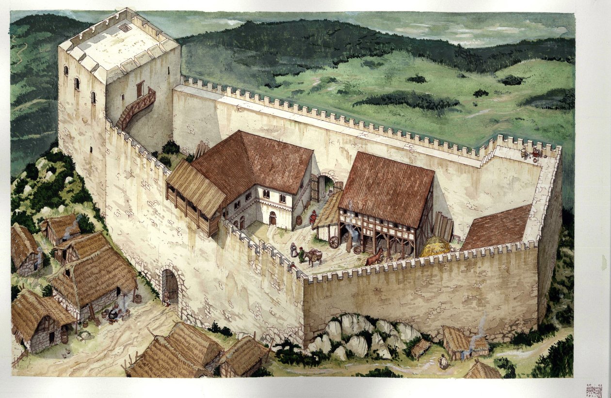 Middeleeuwen: reconstructie van het Katharenkasteel van Montsegur (voltooid in de 13e eeuw), Ariege, Frankrijk. door Giorgio Albertini