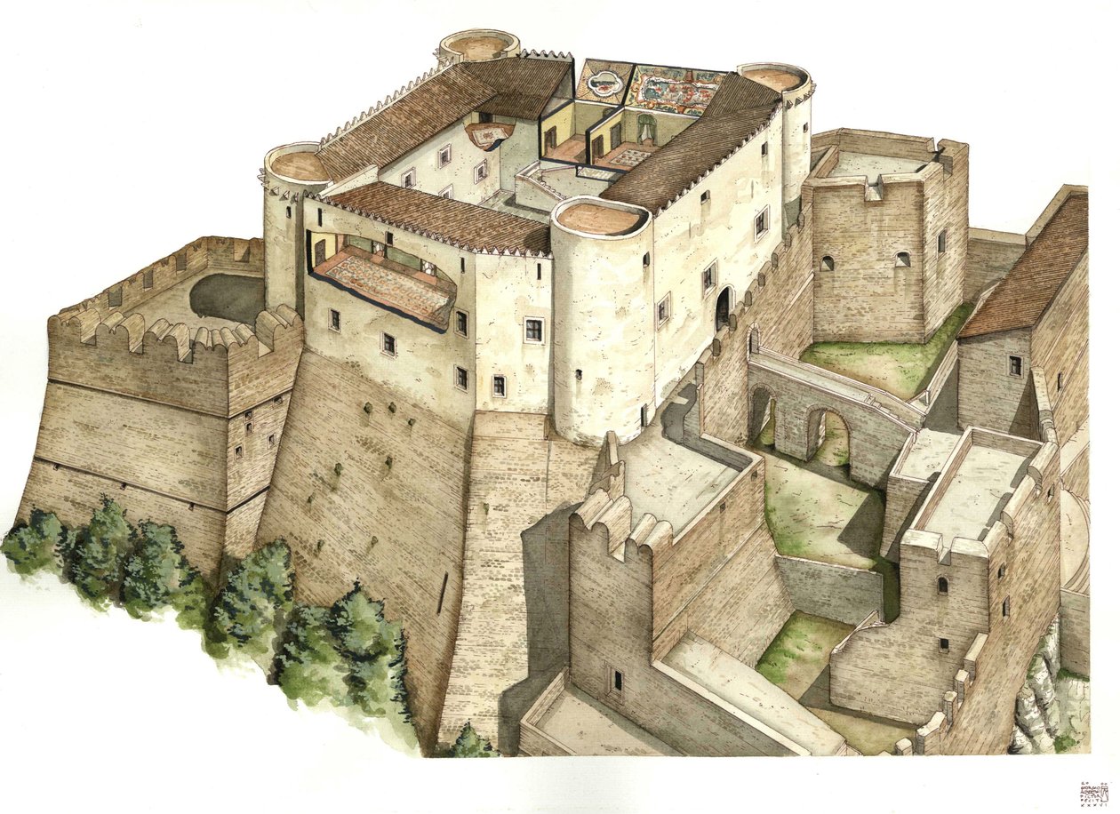 Middeleeuwen: reconstructie van het kasteel Santa Severina, gebouwd in de 11e eeuw, in Catanzaro. Calabrië Italië Illustratie door Giorgio Albertini. (Het gebruik van de werken van deze auteur is niet onderworpen aan een aanvraag voor toestemming van een d door Giorgio Albertini
