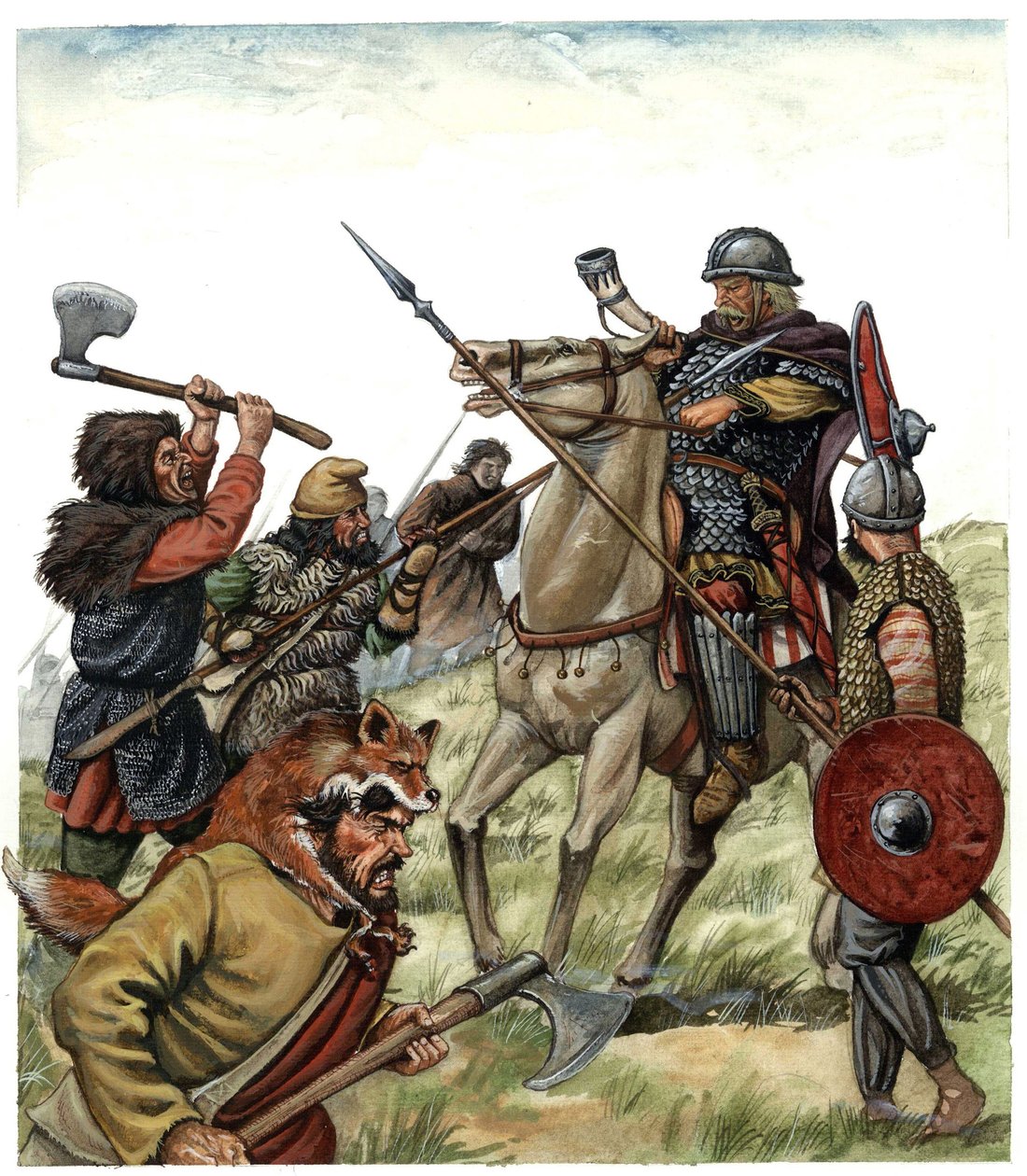 Middeleeuwen: scène van de Slag bij Roncesvaux (Spaans Baskenland), Franc ruiter van het Armee van Karel de Grote tegen de Moren in 778. Illustratie uit de 8e eeuw van Giorgio Albertini. door Giorgio Albertini