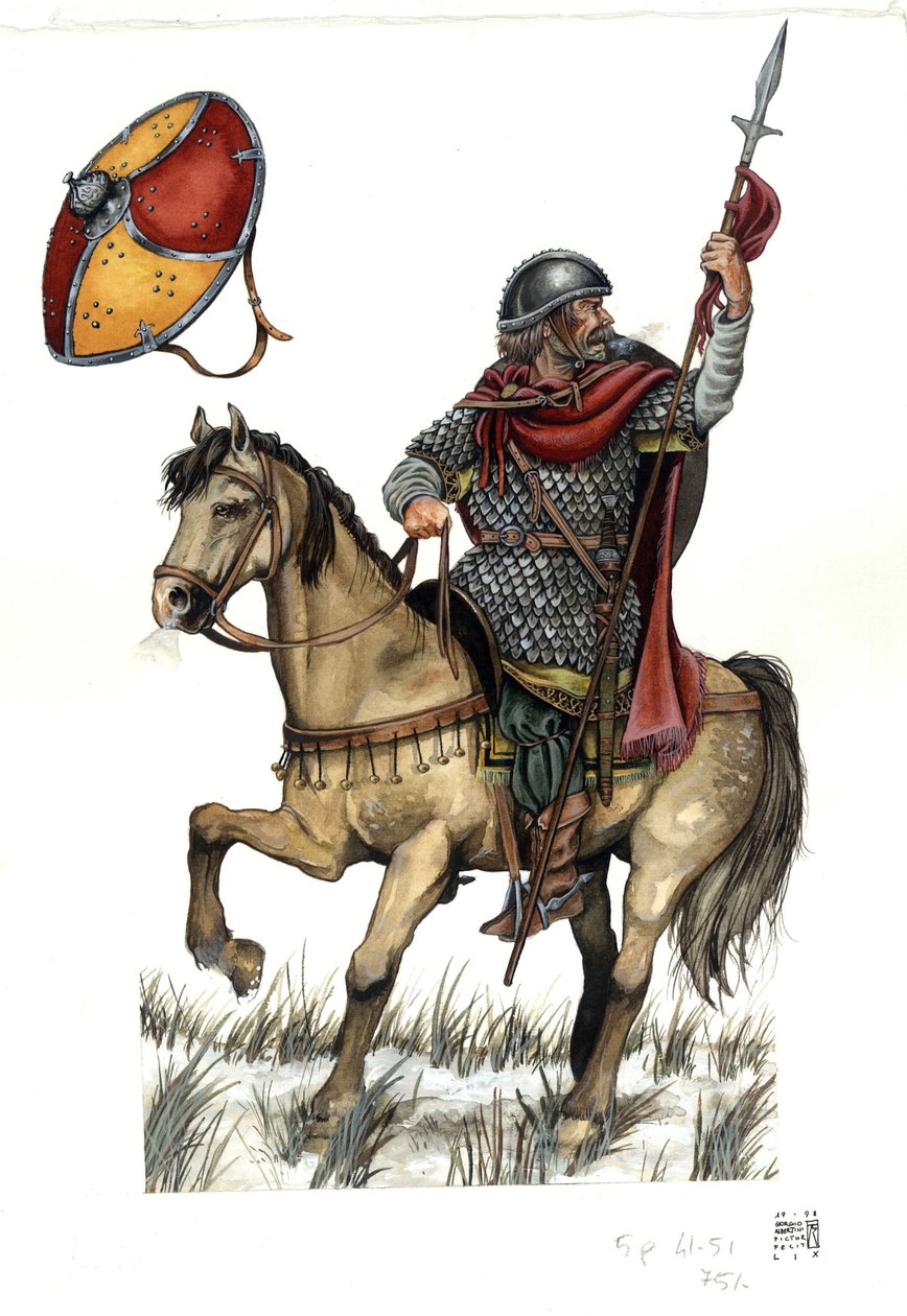 Middeleeuwen: soldaat van de Karolingische zware cavalerie. 8e eeuw door Giorgio Albertini