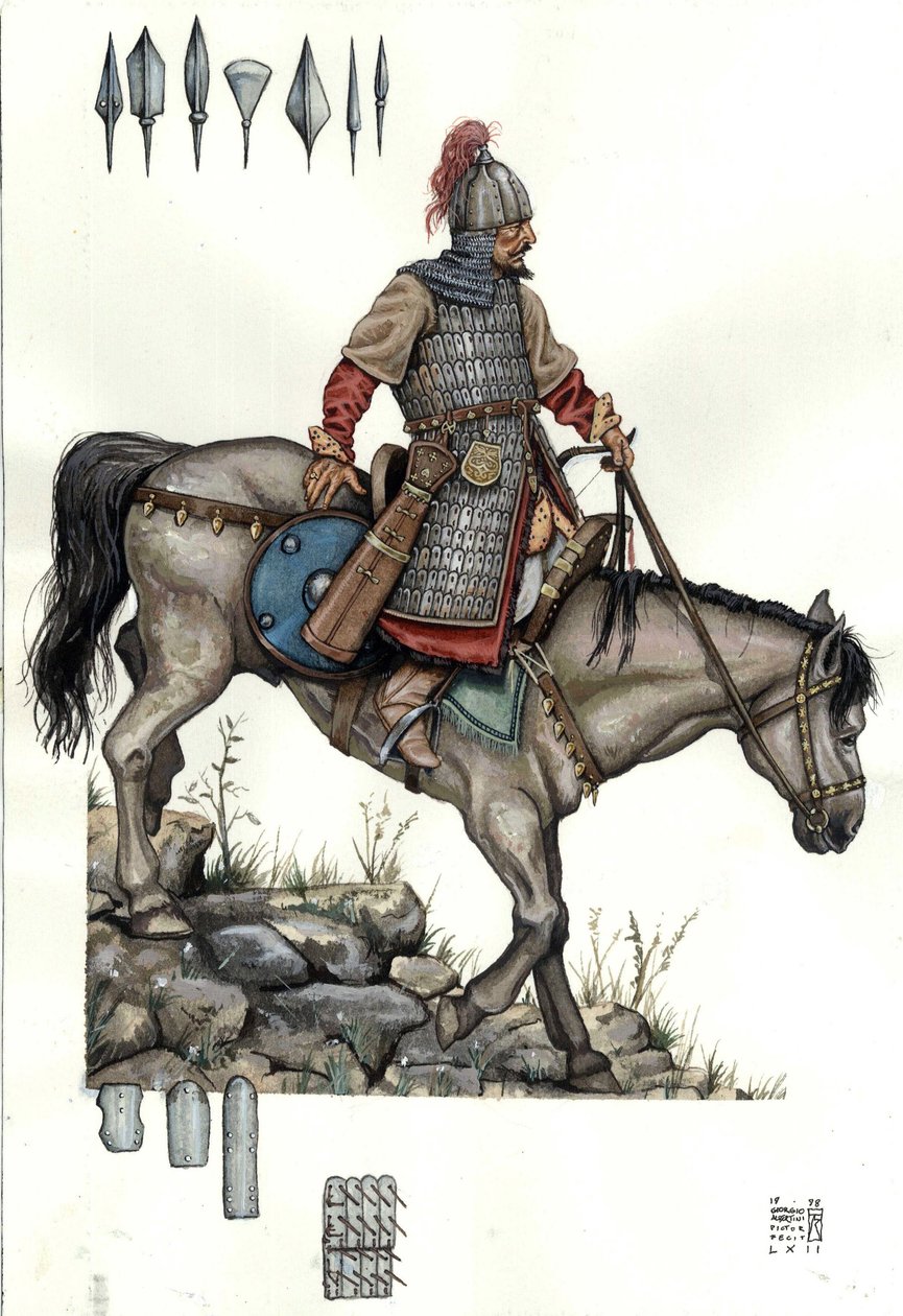 Middeleeuwen: soldaat van de Hongaarse zware cavalerie. 9e eeuw door Giorgio Albertini