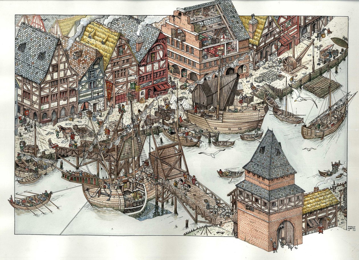 Middeleeuwen: zicht op commerciële activiteiten rond de haven in Lubeck, aan de Baltische Zee. 14e eeuw. Duitsland door Giorgio Albertini