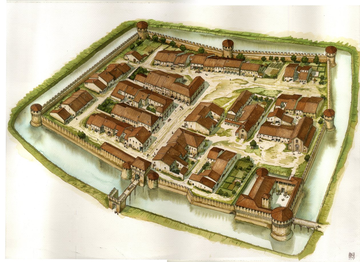 Middeleeuwen: zicht op de versterkte stad Bagnara di Romagna aan het einde van de 15e eeuw. Italië door Giorgio Albertini