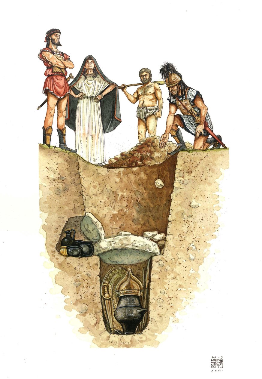 Neolithicum: uitsnede van een Villanoviaans graf (Villanova-cultuur), de urnen met de as van de overledene zijn begraven in putten (ballotvelden), 8e eeuw v.Chr. Etrurië, Italië door Giorgio Albertini