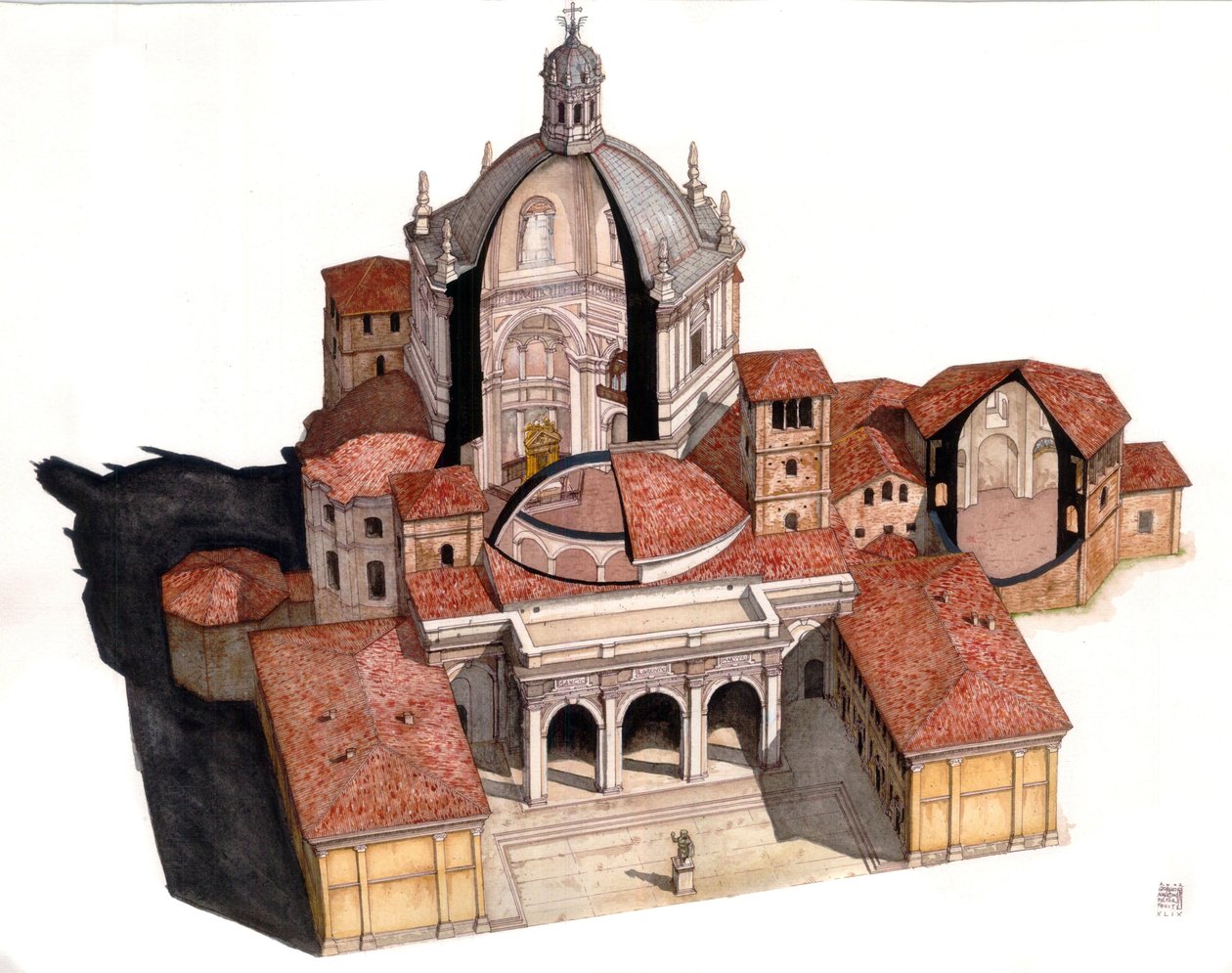 Paleochretische kunst: overzicht en doorsneden om het interieur te zien van de koepel, de kapellen, de basiliek van San Lorenzo (St. Lawrence), gesticht aan het einde van de 4e eeuw Milaan, Italië Illustratie door Giorgio Albertini. (Het gebruik van deze a door Giorgio Albertini