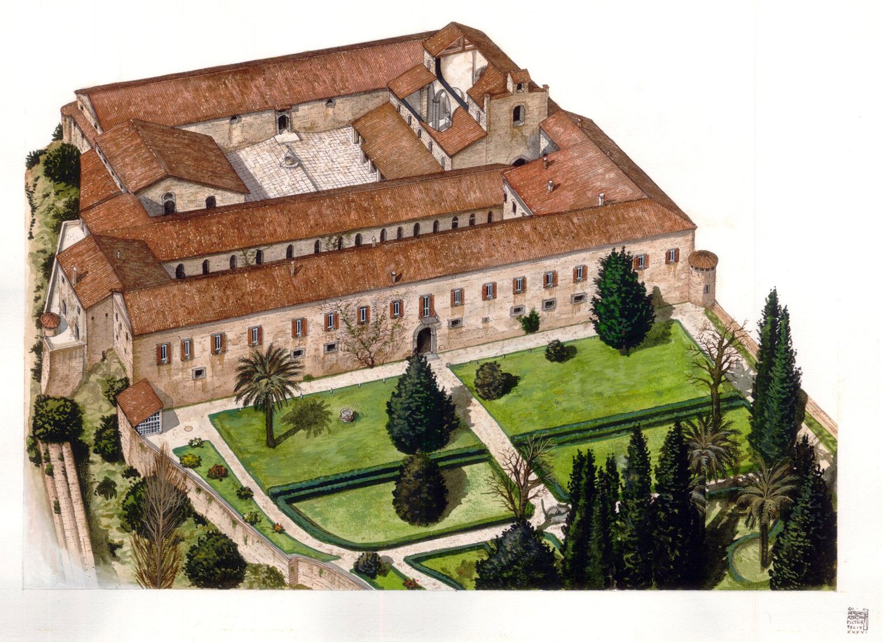 Reconstructie van het kasteel Nelson (Ducea Nelson), gebouwd in 1173, dat Ferdinand III van Sicilië aanbood aan admiraal Horatio Nelson in 1799, in Bronte bij Catania op Sicilië, Italië Illustratie door Giorgio Albertini. (Het gebruik van werken van deze a door Giorgio Albertini