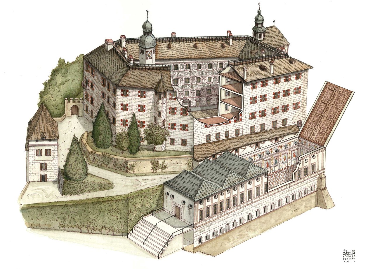 Renaissance-architectuur: reconstructie van het kasteel van Ambras door Giorgio Albertini