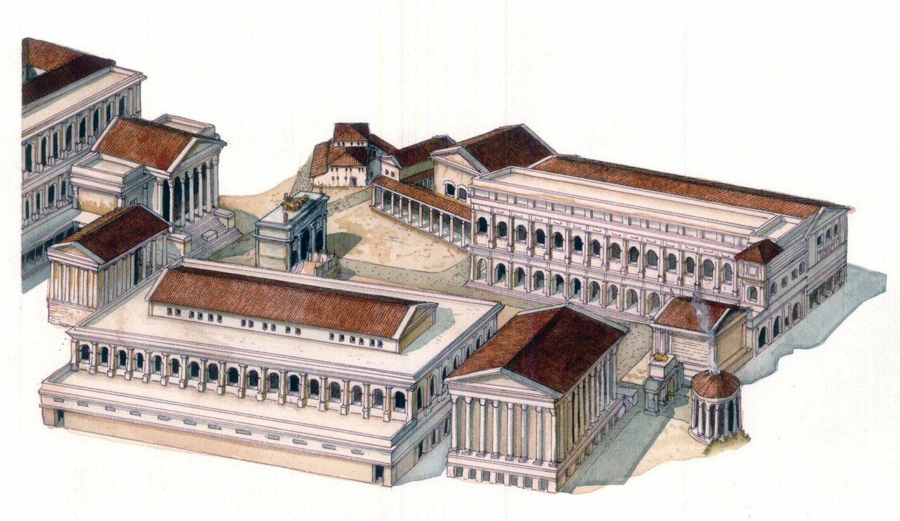 Romeinse oudheid: reconstructie van het Romeinse forum (foro romano) ten tijde van keizer Augustus (Caius Julius Caesar Octavianus Augustus) (63 BC-14 AD) door Giorgio Albertini