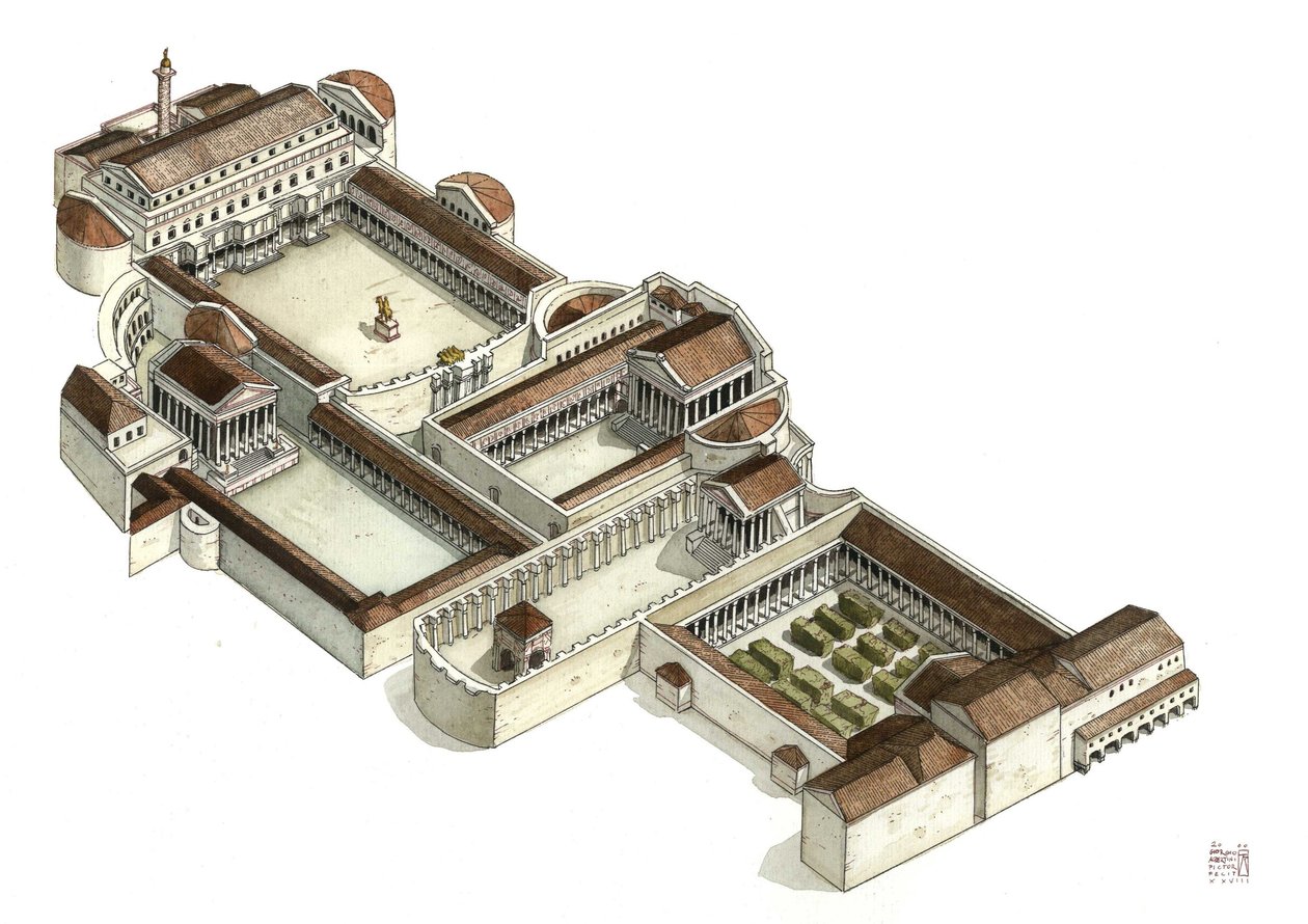 Romeinse oudheid: reconstructie van het forum van Trajanus (foro di traiano) in de 3e eeuw na Christus, Rome. Italië. door Giorgio Albertini
