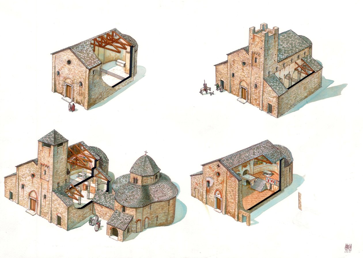 Romaanse kunst: beschrijving van de bouwfasen met doorsneden die de voortgang van de bouwplaats en het interieur laten zien, van de Abdij van St. Vincent de Galliano, inclusief de Basiliek van San Vincenzo (St. Vincent) en de Baptistere door Giorgio Albertini