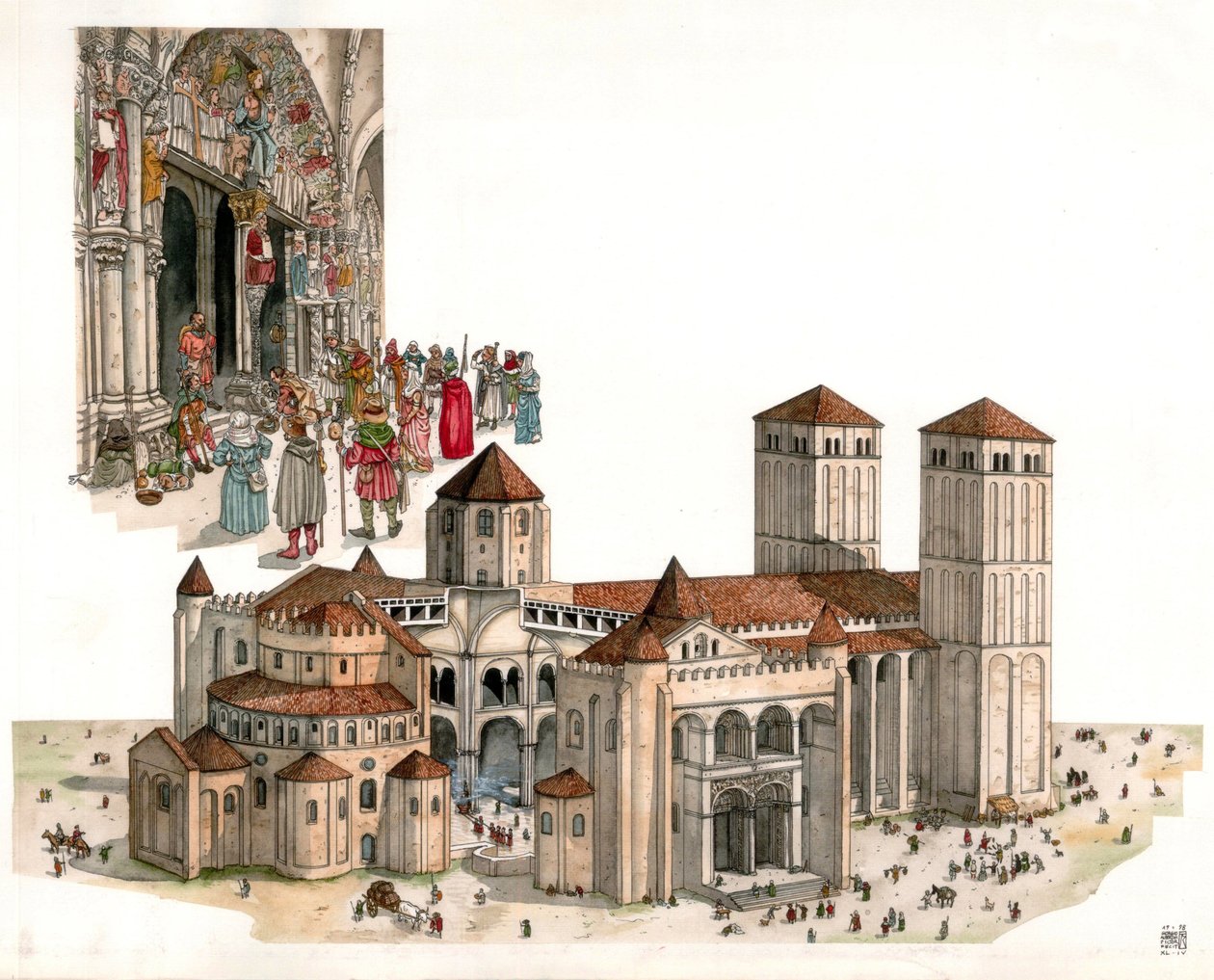 Romaanse kunst: overzicht van de kathedraal van Santiago de Compostela, gebouwd in de 11e en 12e eeuw, in Santiago de Compostela, Spanje. door Giorgio Albertini