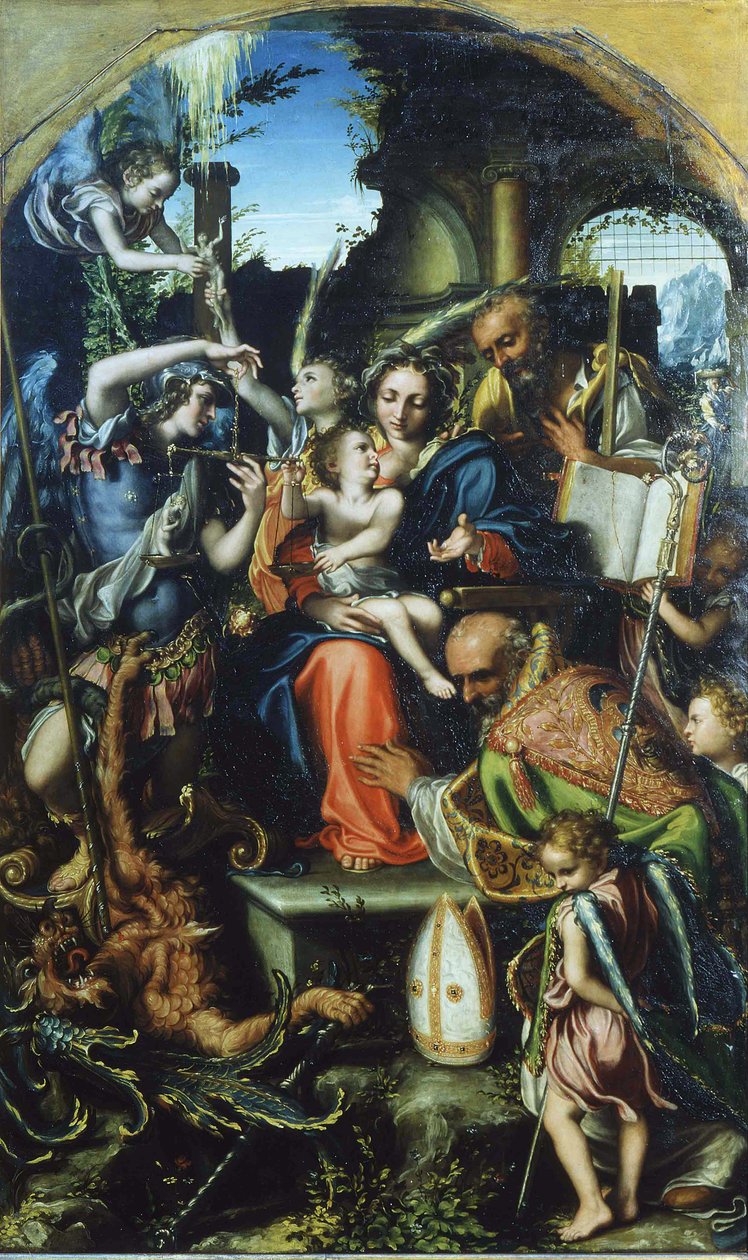 Heilige Familie met Sint Michaël de Aartsengel en de Duivel die Strijden om Zielen, Sint Bernhard en... door Giorgio Gandini del Grano