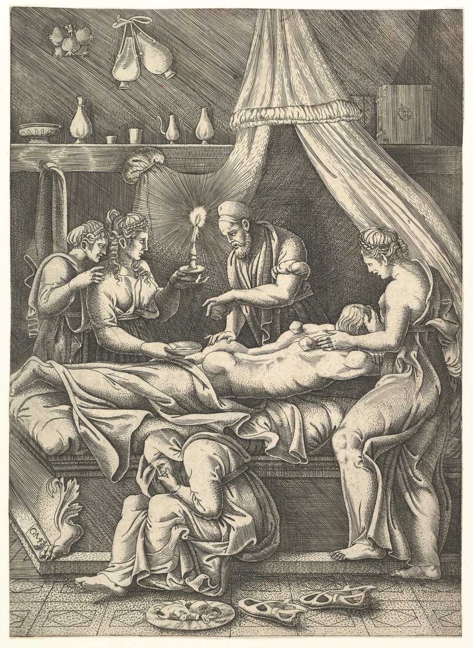 Een allegorie van ziekte, man liggend op een bed omringd door figuren door Giorgio Ghisi