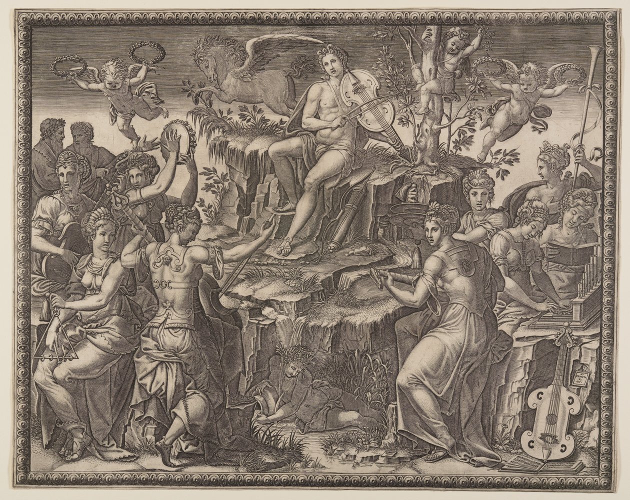 Apollo en de Muzen op de berg Parnassus door Giorgio Ghisi
