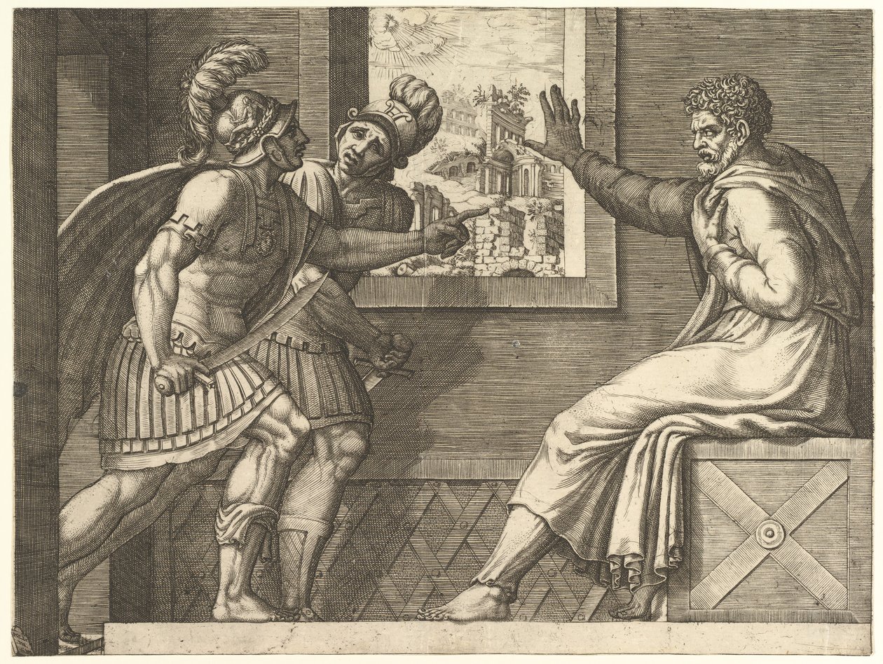 Caius Marius in de gevangenis, twee Cimbrian soldaten betreden zijn cel, 1560-69 door Giorgio Ghisi