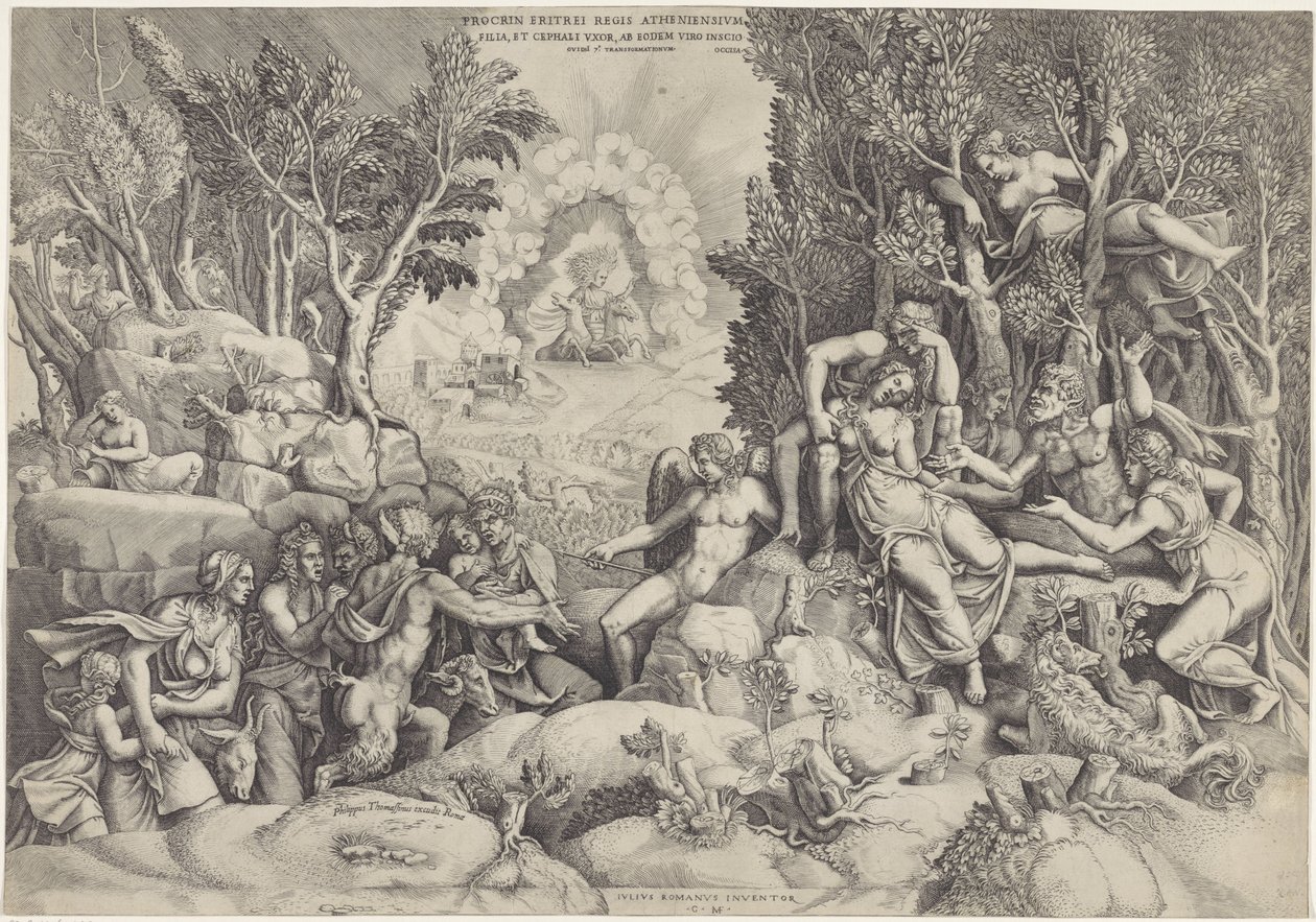 Cephalus en de Bosgoden beweenen de dood van Procris door Giorgio Ghisi