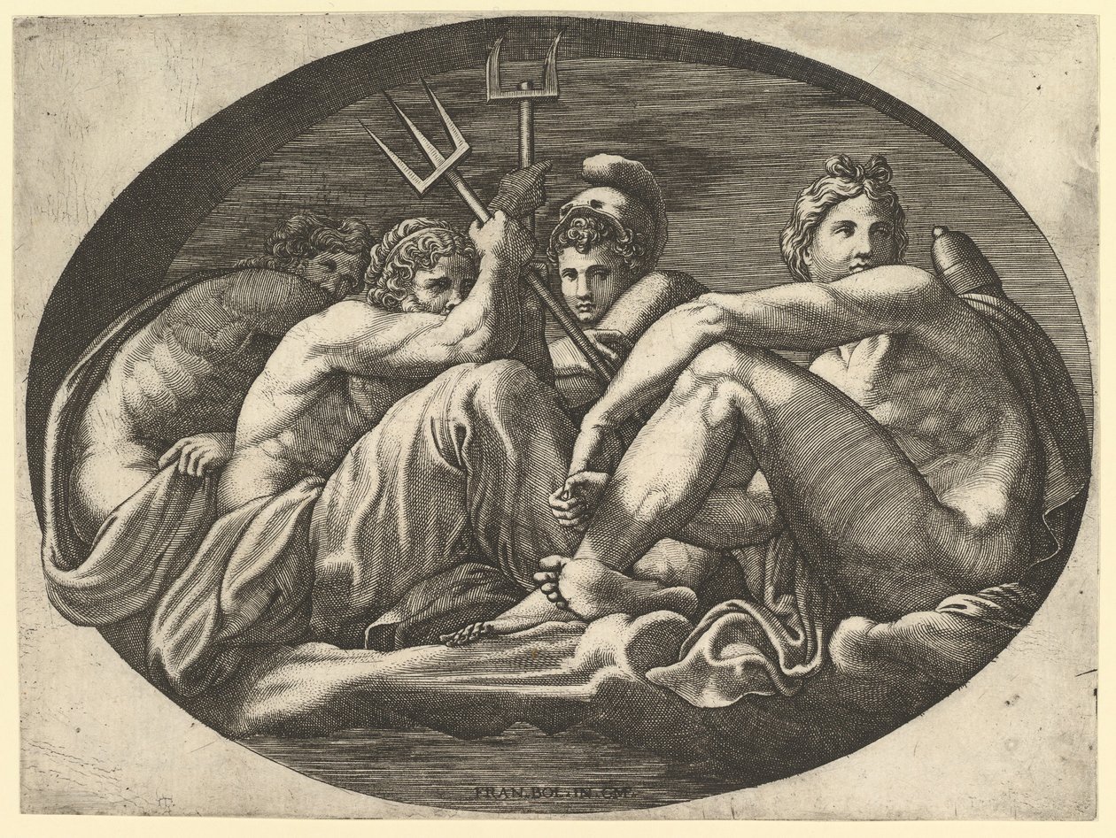 Pluto, Neptunus, Minerva en Apollo, uit een serie van acht composities naar Francesco P... door Giorgio Ghisi