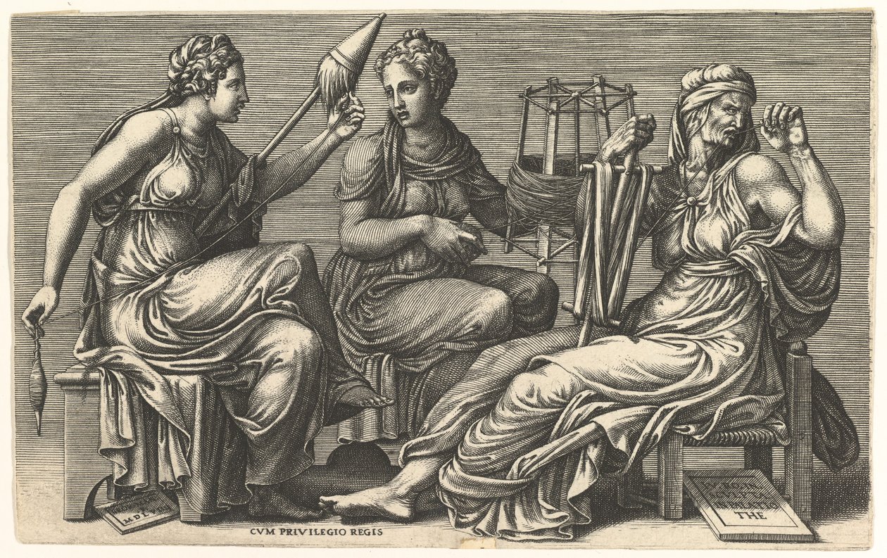 De drie schikgodinnen Clotho, Lachesis en Atropos, 1558-59 door Giorgio Ghisi