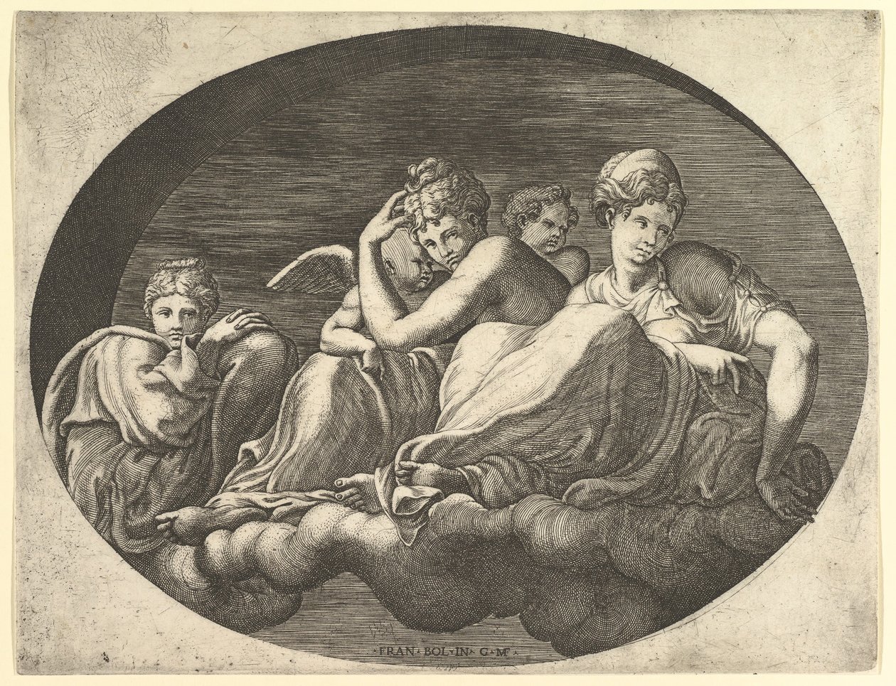Venus en Cupido, Twee Andere Godinnen, en een Putto, uit een serie van acht composities door Giorgio Ghisi