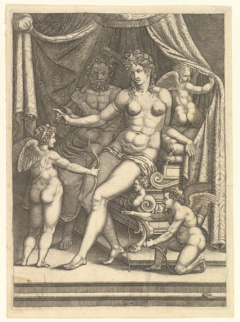 Venus en Vulcanus zittend op een bed en drie putti door Giorgio Ghisi