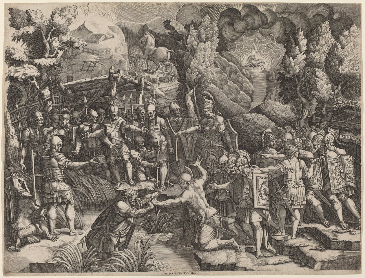 Sinon bedriegt de Trojanen door Giorgio Ghisi after Giovanni Battista Scultori