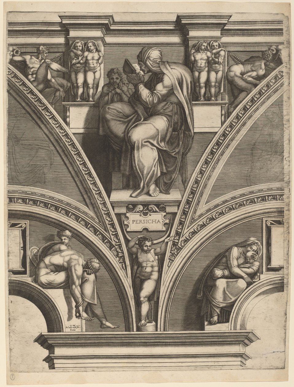 De Perzische Sibylle door Giorgio Ghisi after Michelangelo