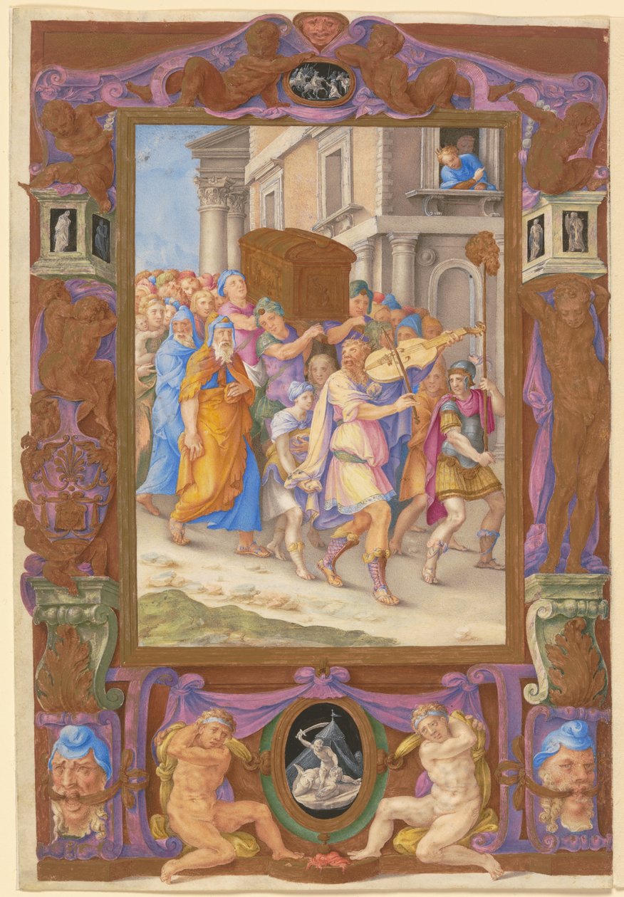 Koning David die danst voor de Ark van het Verbond, in een decoratieve lijst, c.1540 door Giorgio Giulio Clovio