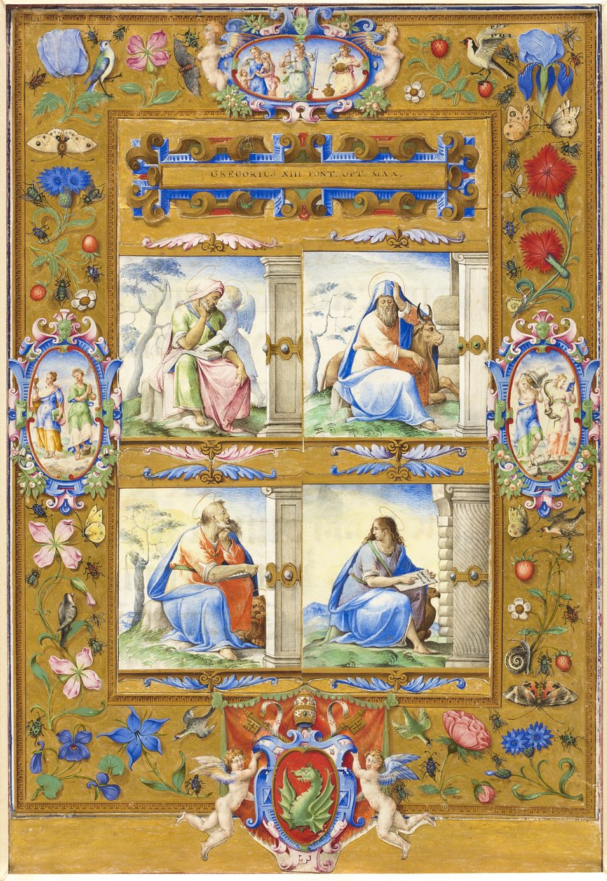 De vier evangelisten, binnen een rand van bloemen, vogels en insecten door Giorgio Giulio Clovio