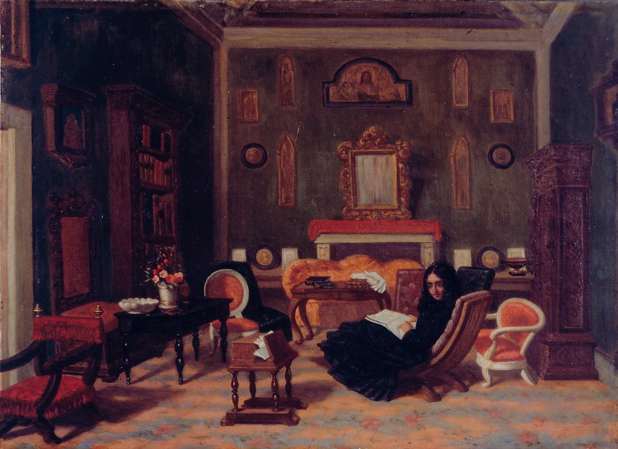 Elizabeth Barret Browning in de woonkamer van haar huis in Florence, ca. 1880 door Giorgio Mignaty