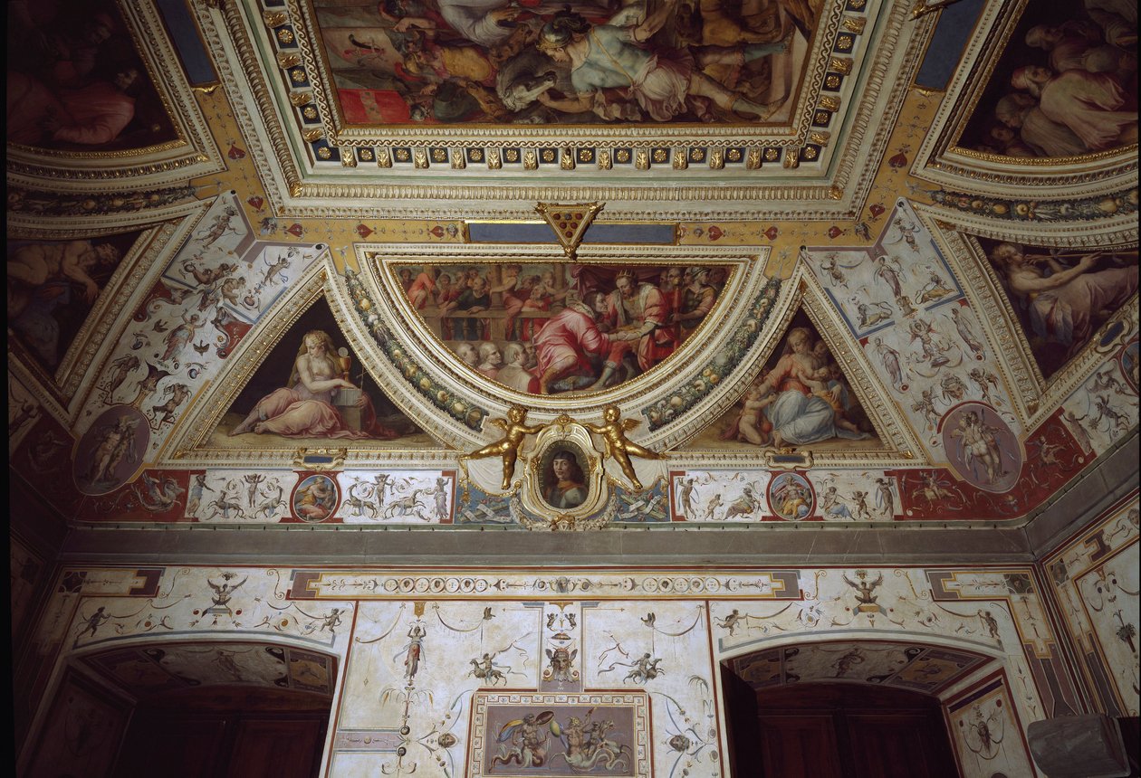 Detail van de kamer van Lorenzo il Magnifico die zijn bezoek aan Napels vertegenwoordigt (fresco) door Giorgio Vasari
