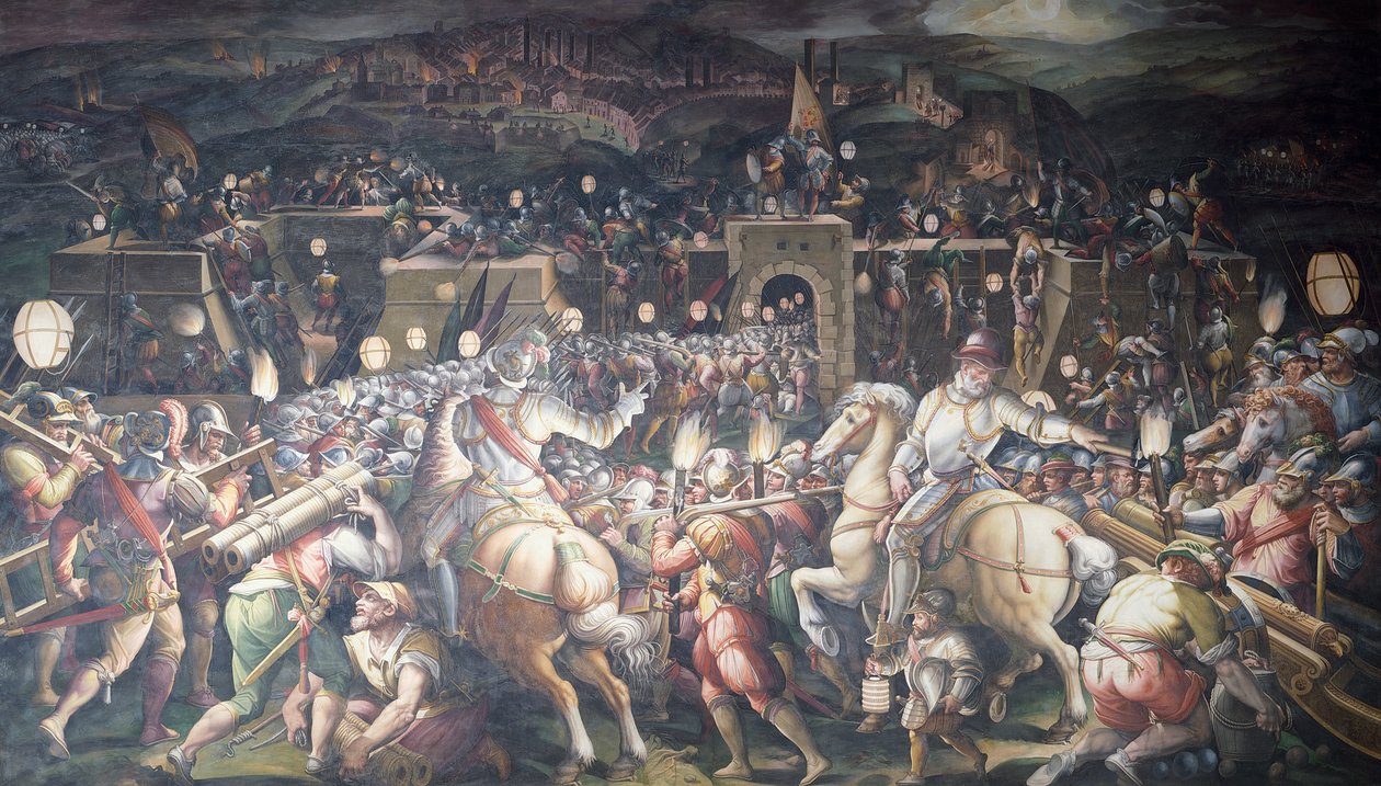 Italië, Florence, Palazzo Vecchio (Oud Paleis), Salone dei Cinquecento, Inname van Fort bij Port Camollia in Siena door Giorgio Vasari