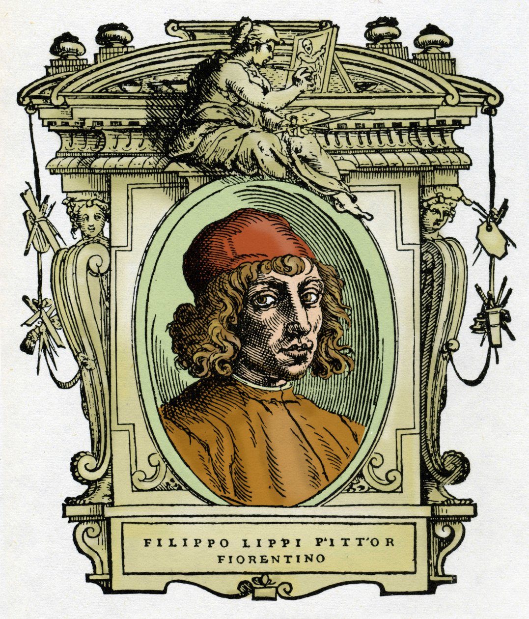 Portret van Filippo Lippi (1406-1469) Florentijnse schilder. Houtsnede uit "Het leven van schilders" door Giorgio Vasari. door Giorgio Vasari