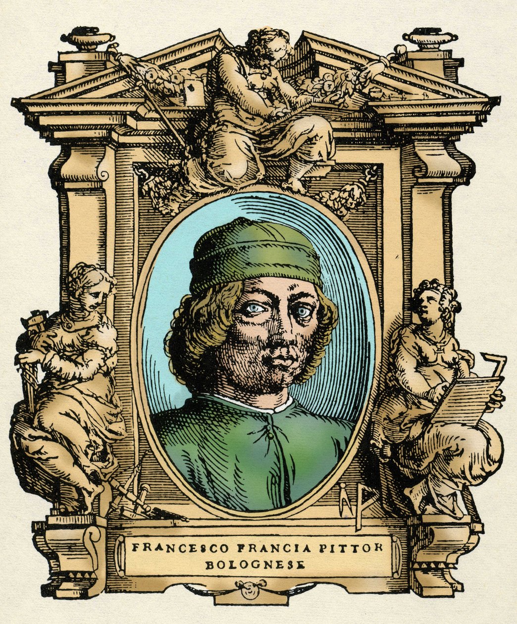Portret van Francesco FRANCIA (1450-1517) Italiaanse schilder. Gravure uit 