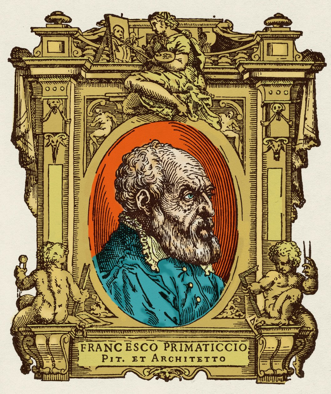 Portret van Francesco Primaticcio bekend als De Primatice (1504-1570) schilder, beeldhouwer en architect. Hij was lid van de Ecole de Fontainebleau. Gravure van het verdrag "Levens van de meest uitstekende schilders, beeldhouwers en architecten" (Le Vite d door Giorgio Vasari