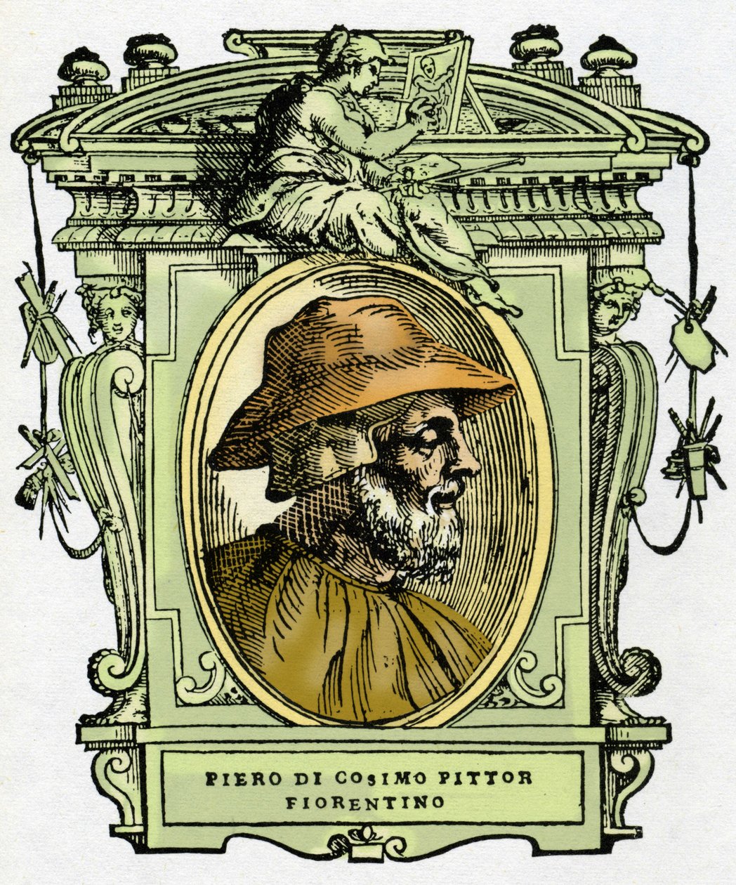 Portret van Piero di Cosimo (ca. 1462-1521?), Florentijnse schilder. Gravure uit 