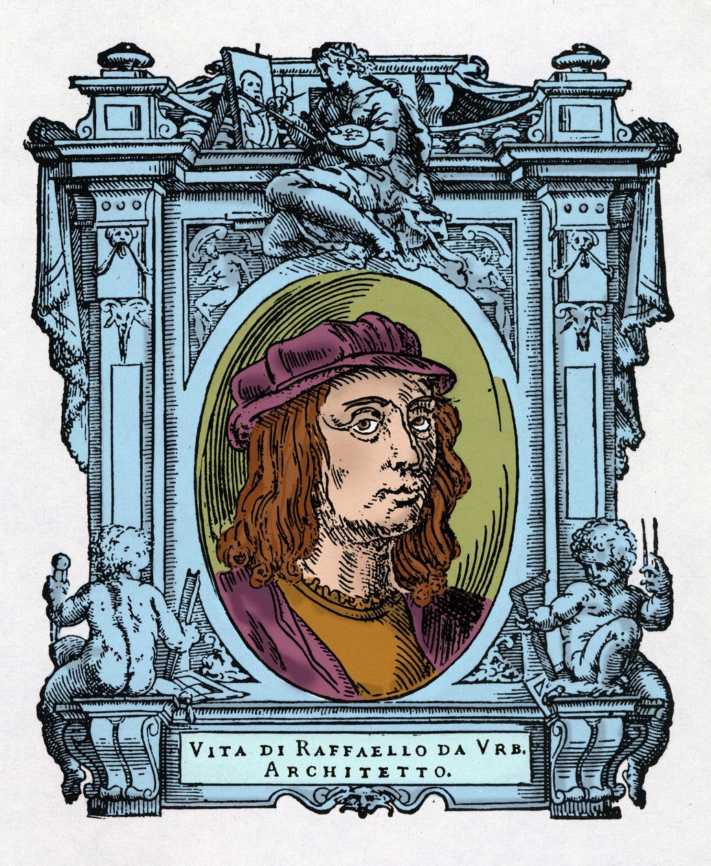 Portret van Raphael (Raffaello Sanzio 1483 - 1520) Italiaanse architect en schilder. Gravure uit "Levens van de meest excellente schilders, beeldhouwers en architecten" (Le Vite de