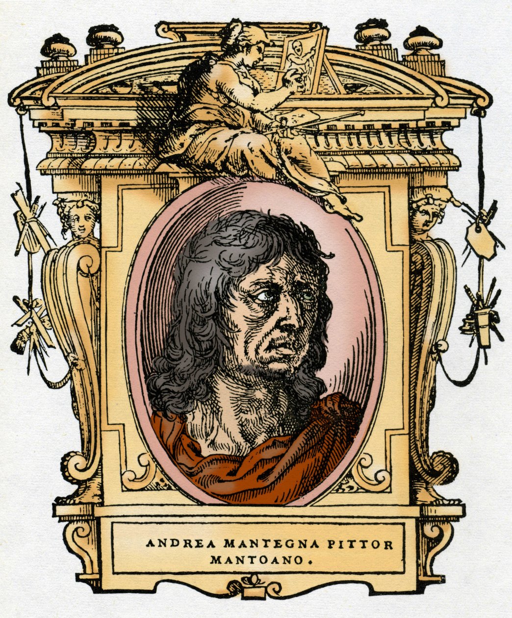 Portret van de schilder Andrea Mantegna (1431-1506) Houtsnede uit "Het Leven van Schilders" door Giorgio Vasari. door Giorgio Vasari