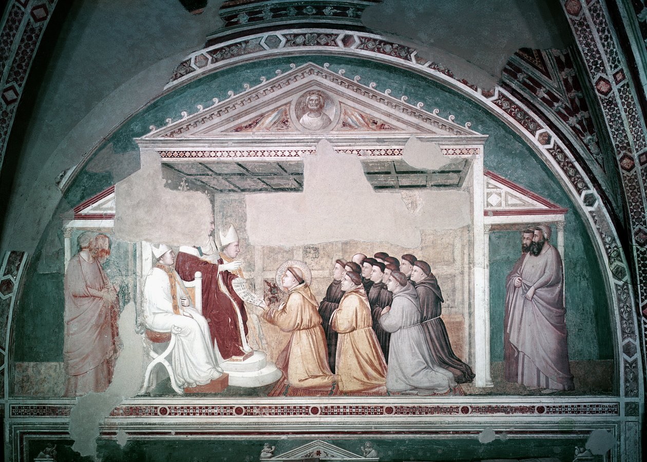 Paus Innocentius III keurt de regel van St. Franciscus goed, uit de Bardi-kapel door Giotto di Bondone