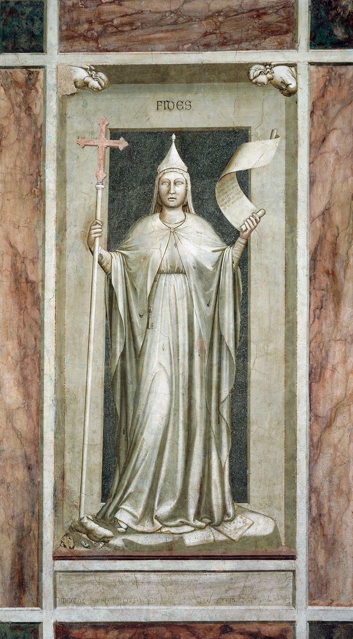 Geloof, vrouwelijke figuur die het Kruis en een rol vasthoudt, symbool van de Geopenbaarde Waarheid, terwijl ze een afgod vernietigt en op symbolen van de Kabbala staat, door Giotto, cyclus van fresco