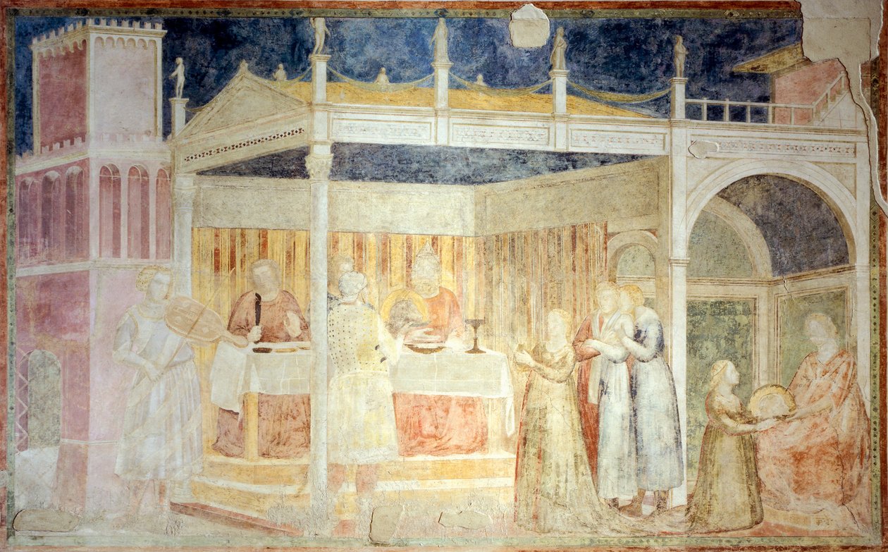 Italië, Florence, Basiliek van Santa Croce, Peruzzi-kapel, Feest van Herodes (detail van verhalen van St. Johannes de Doper) door Giotto (c.1266 1337)