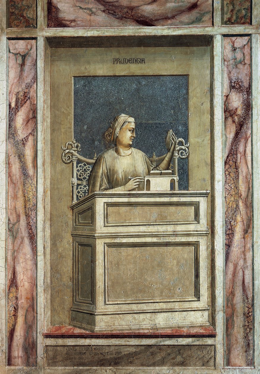 Voorzichtigheid, vrouwelijke figuur zittend aan een bureau, kijkend naar het verleden om van ervaring te leren en een boek lezend voor toekomstig onderricht (na restauratie) door Giotto (c.1266 1337)