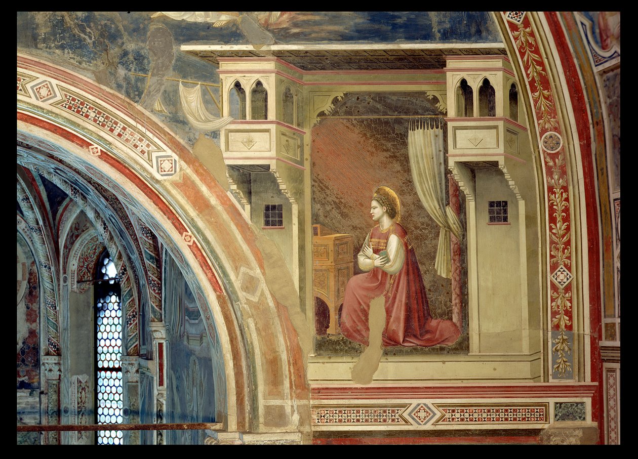 De Annunciatie, (detail) van de knielende Maagd, uit de lunet boven het altaar, c.1305 door Giotto (c.1266 1337)