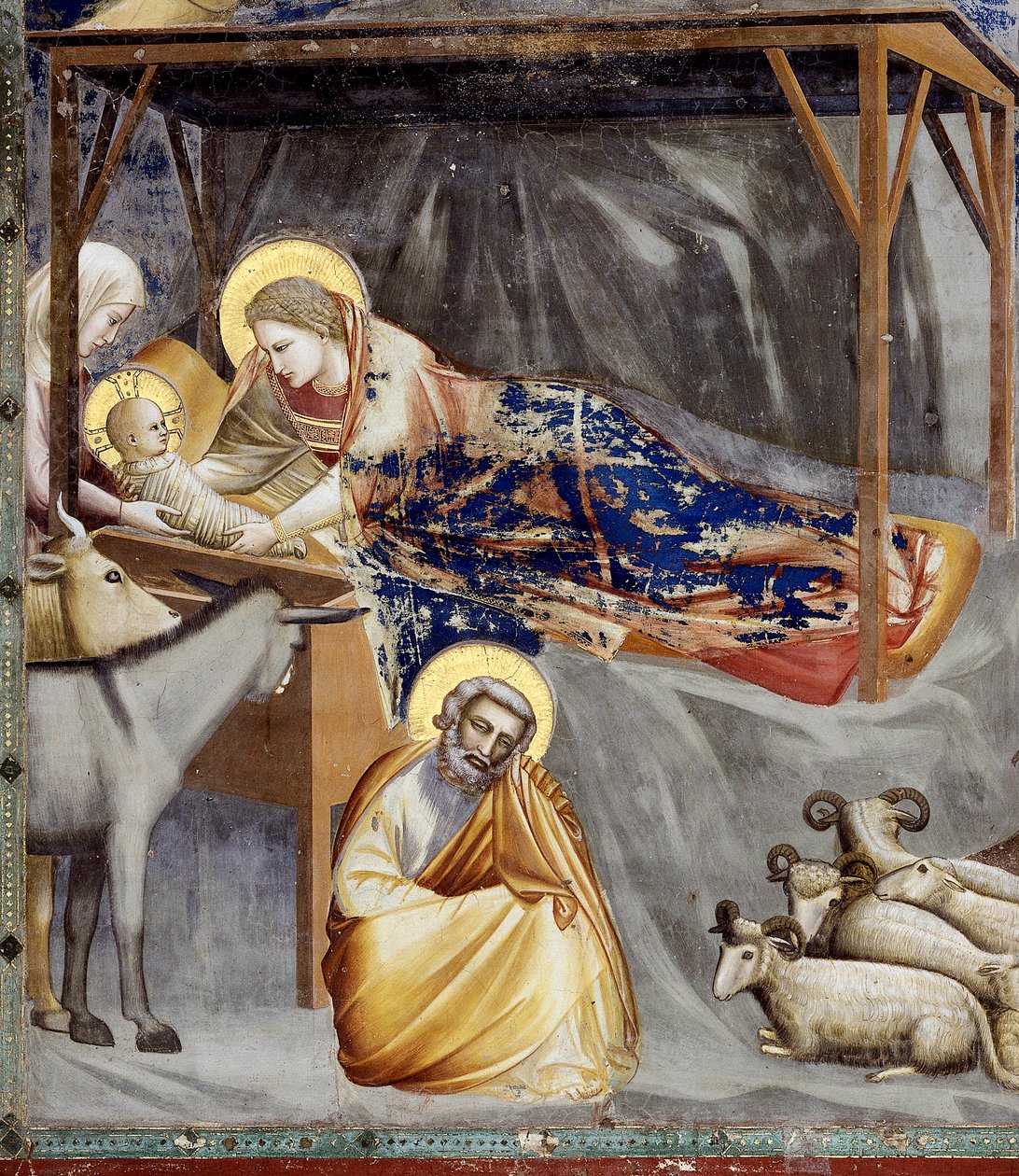De Geboorte, detail van de Maagd en het Kind, de ezel en Jozef (detail) door Giotto (c.1266 1337)