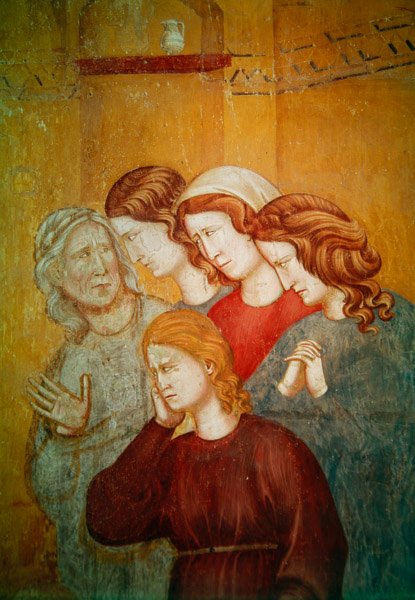 Sint Franciscus wekt de onberouwvolle vrouw tot leven om haar biecht te vergemakkelijken (detail), ca. 1297-99 door Giotto di Bondone