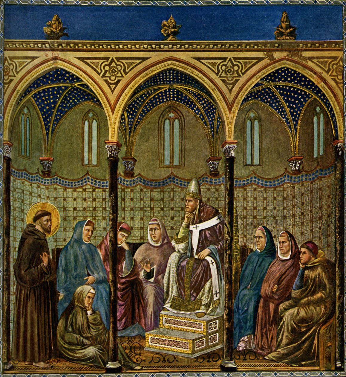 Sint Franciscus van Assisi preekt voor paus Honorius III door Giotto di Bondone