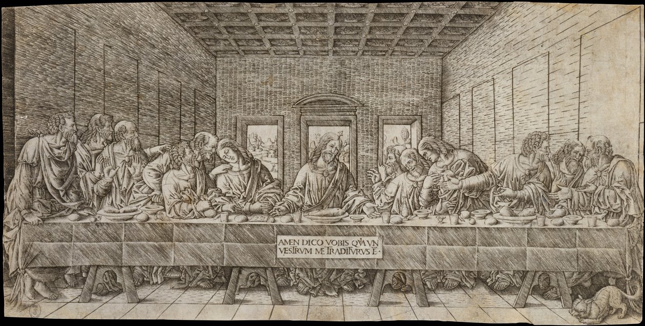 Het laatste avondmaal, met een spaniël door Giovan Pietro Birago