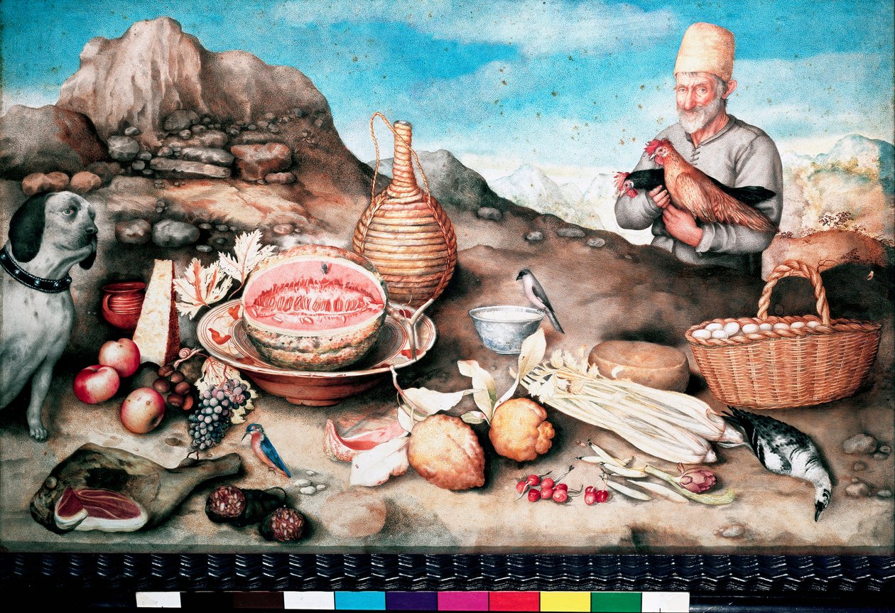 Stilleven Vis, meloen, ham, artisjok, selderij, wild. Schilderij door Giovanna Garzoni door Giovanna Garzoni